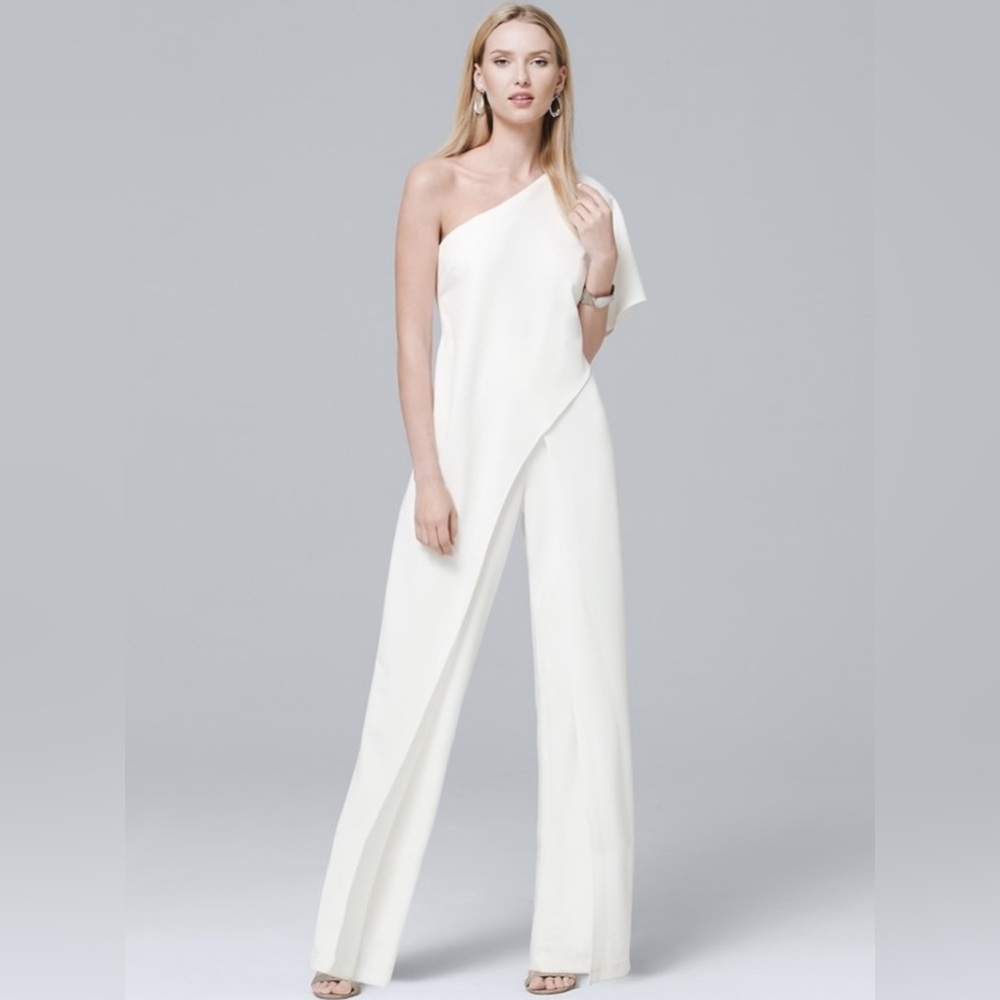 Adriana Papell One Shoulder White Crepe Jumpsuit